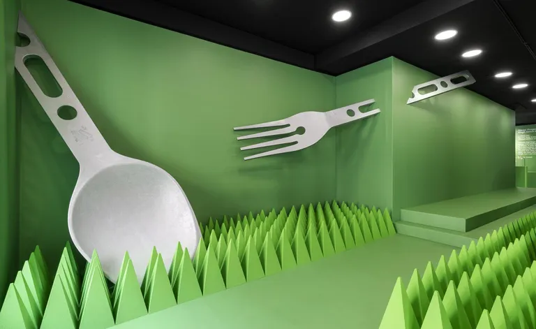 Virgil Abloh cutlery by Alessi installation at Galleria Manzoni