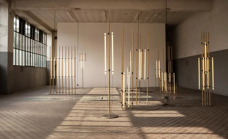 Light installation by Michael Anastassiades at ICA Milano featuring sculptures made of bamboo and neon