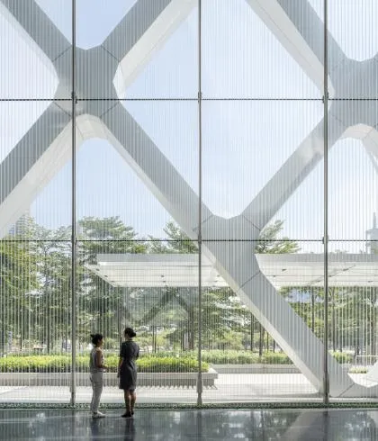 shenzhen rural commercial bank headquarters and its diagrid external structure seen from inside